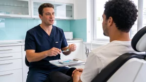 Zahnarzt erklärt einem Patienten Zahnbürste und Interdentalbürste in einer hellen Praxis