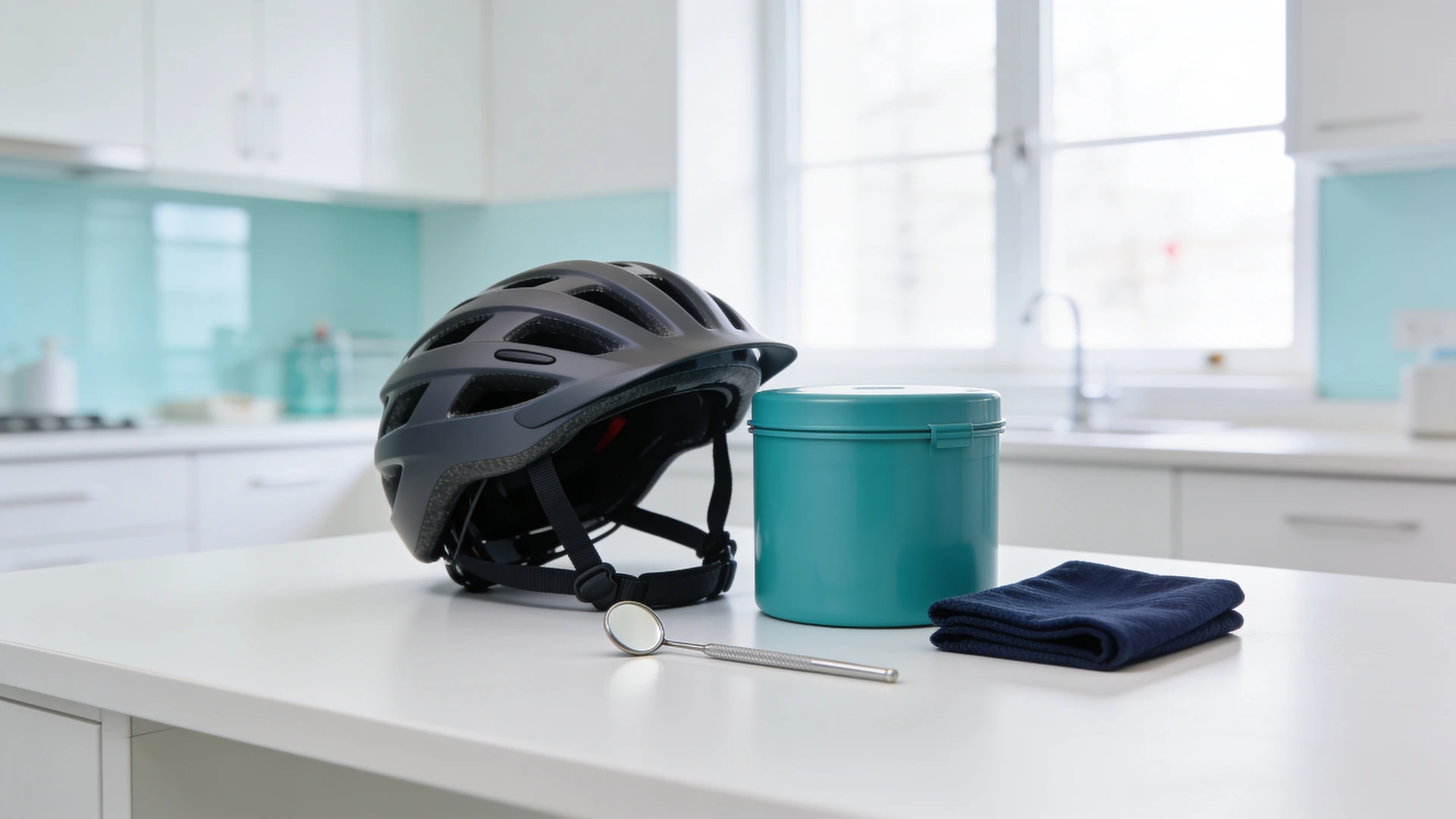 Unmarkierter Fahrradhelm neben geschlossenem Transportbehälter, Tuch und Dentalspiegel