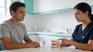 Zahnärztin erklärt einem Patienten an einem Zahnmodell die Ursachen empfindlicher Zähne