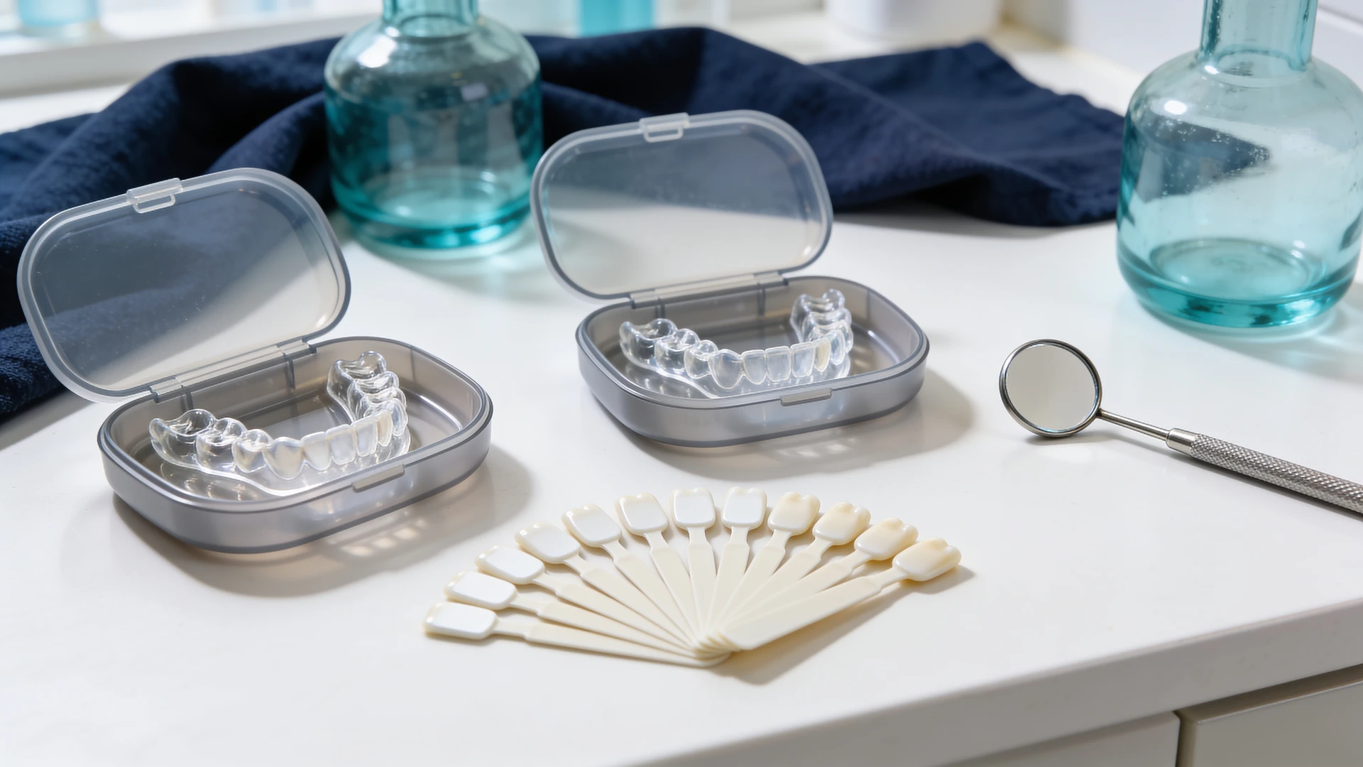 Transparente Bleaching-Schienen, Dentalspiegel und unbeschriftete Zahnfarb-Muster in einer hellen Zahnarztpraxis