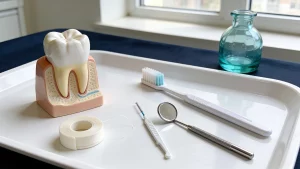 Zahnmodell, Zahnbürste, Interdentalbürste und Dentalspiegel als Symbole für fundierte Zahnpflege
