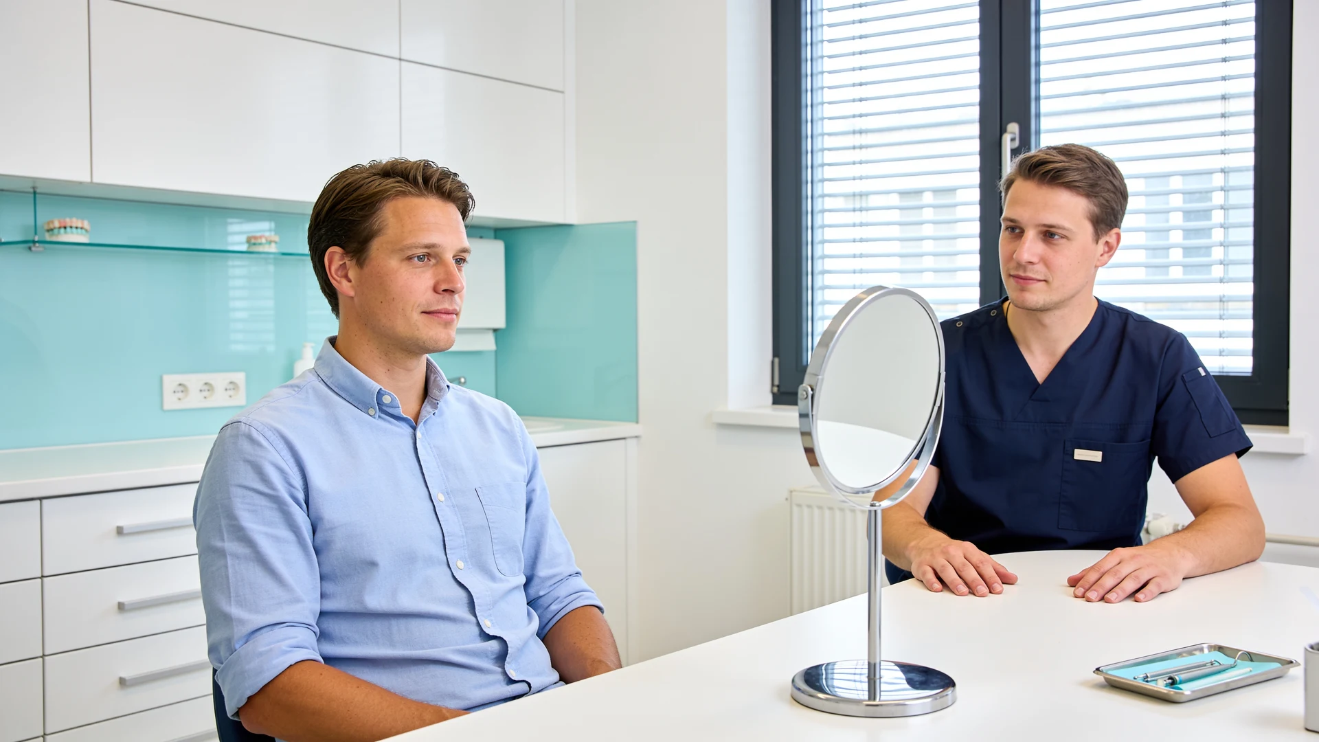 Beratungsgespräch zu Veneers in einer Zahnarztpraxis mit Handspiegel