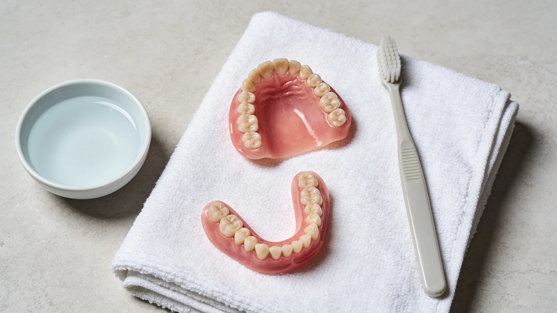 Ober- und Unterkiefer-Vollprothese mit Bürste, Wasserschale und weichem Handtuch