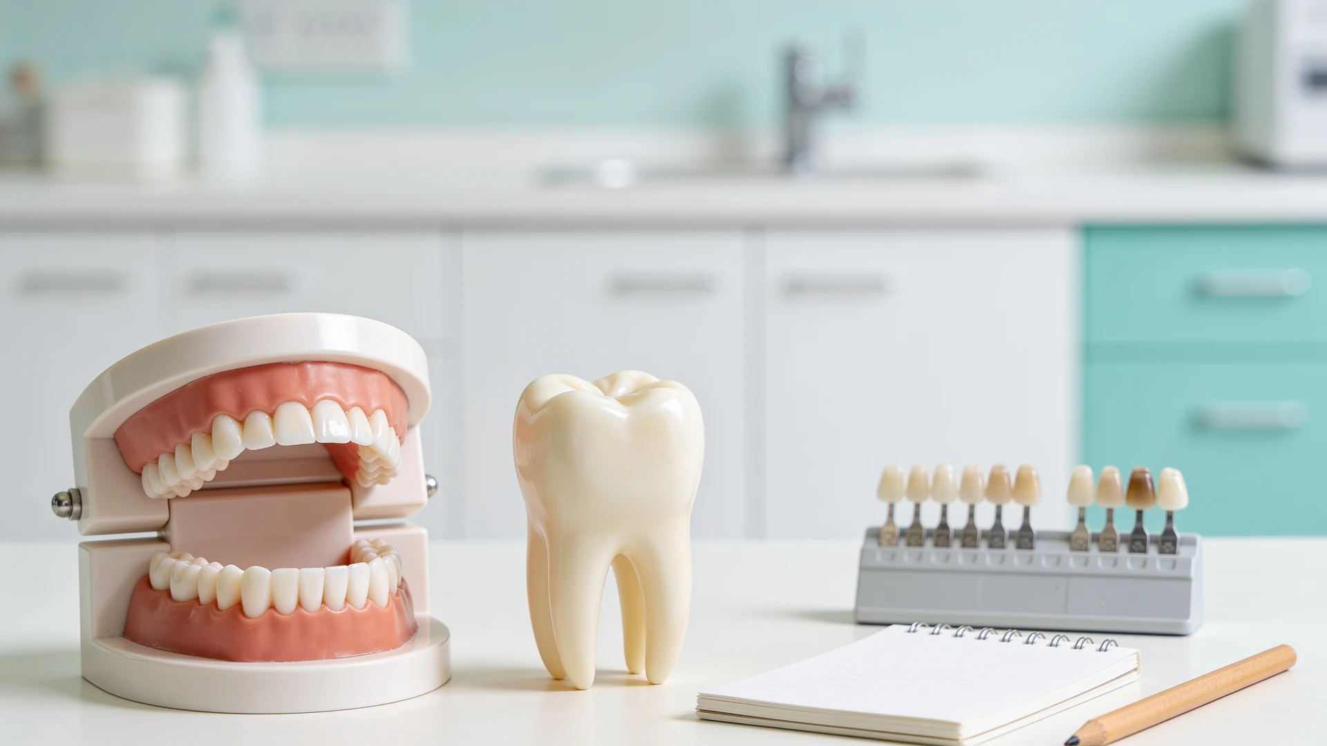 Zahnmodelle und Farbschlüssel auf einem Tisch für eine zahnästhetische Beratung