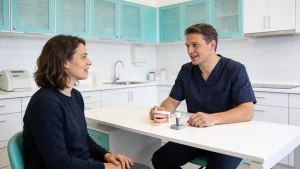 Zahnarzt bespricht mit einer Patientin ein Zahnimplantat an einem Demonstrationsmodell