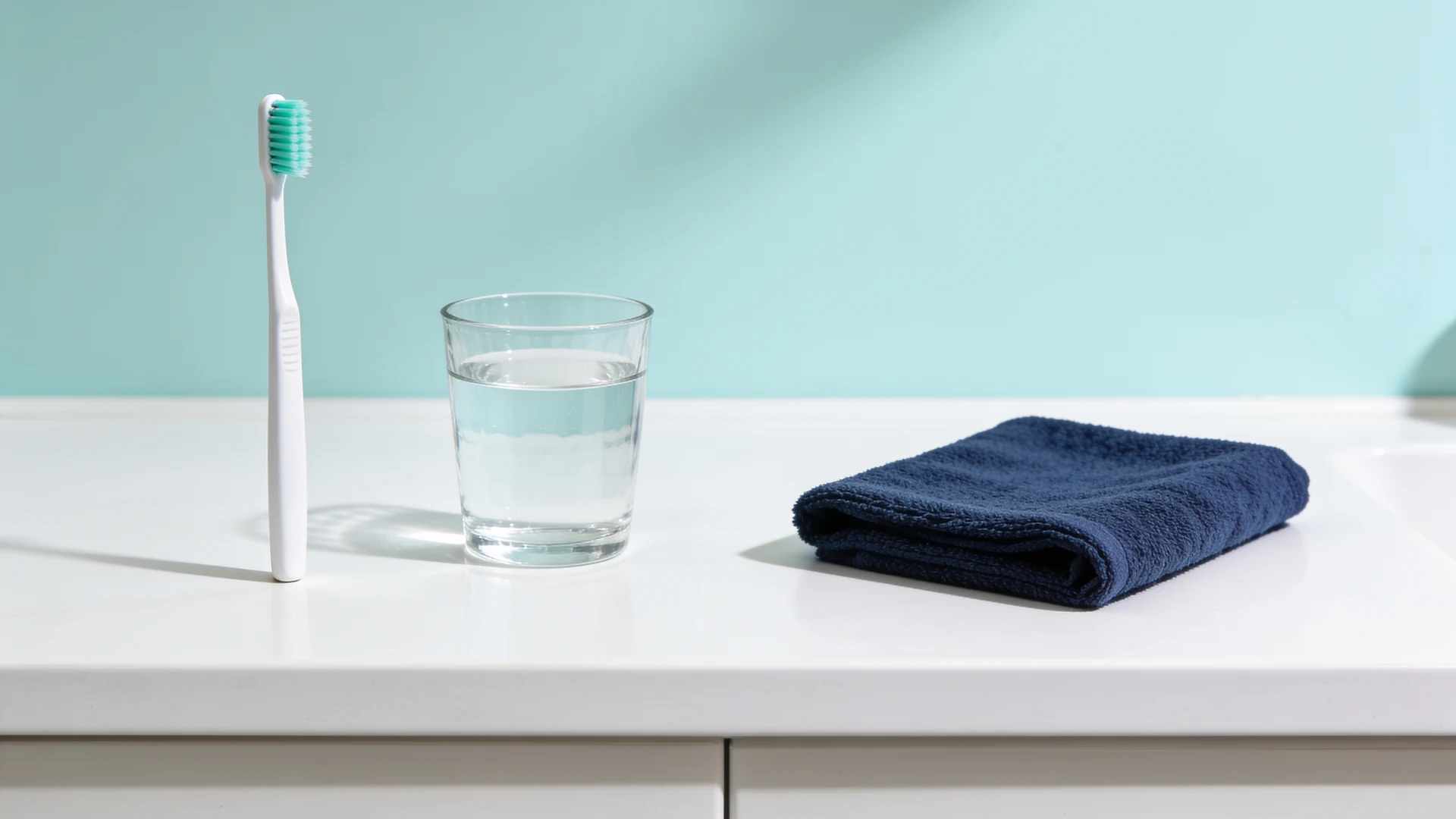 Zahnbürste, Wasserglas und gefaltetes Handtuch als Symbol für die tägliche Implantatpflege